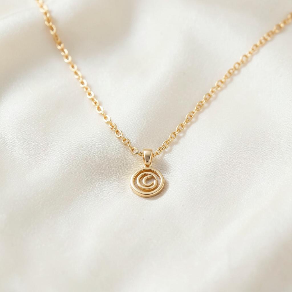 Aro fine gold chain necklace with a small engraved disc pendant on ivory silk